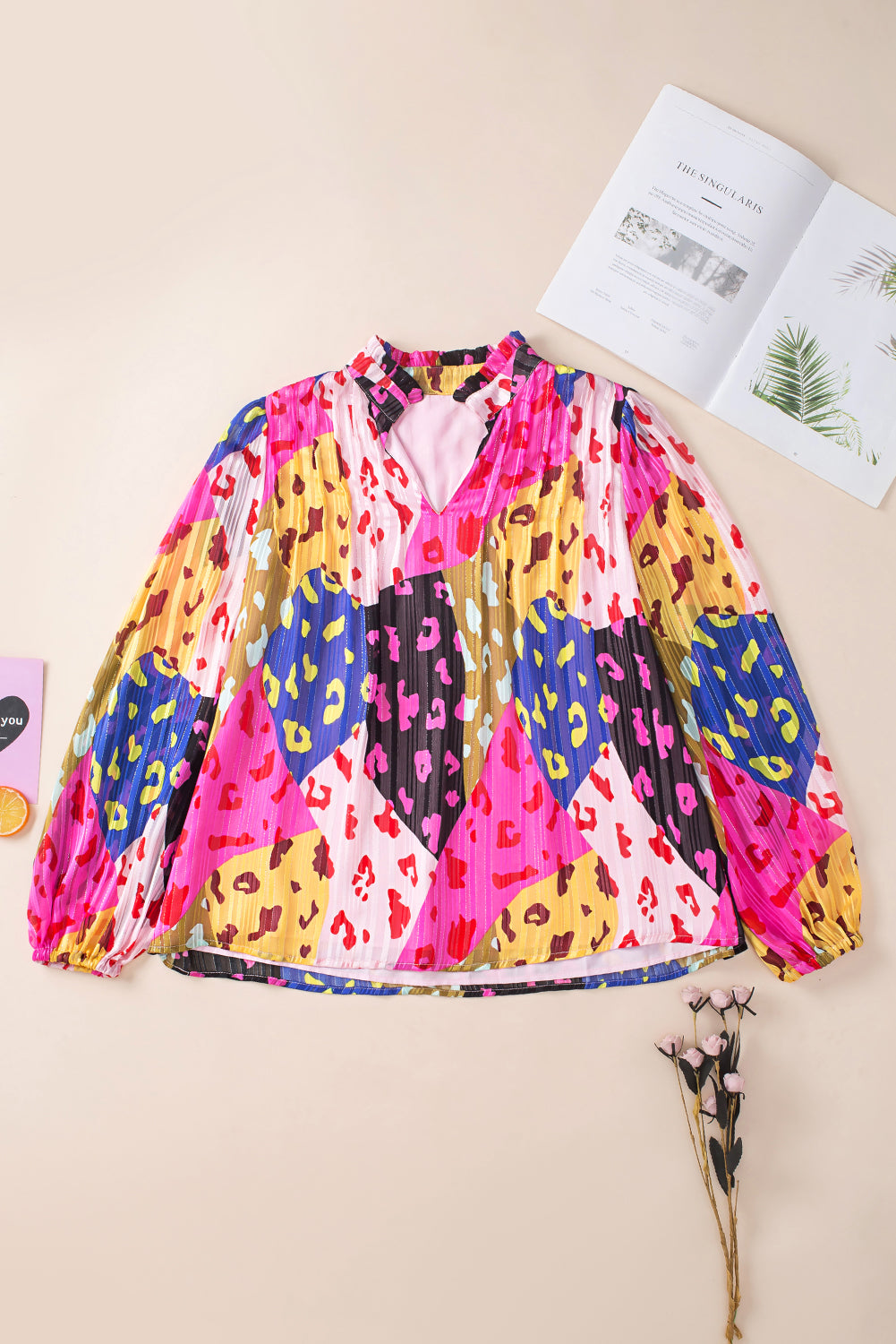 Rose Leopard Print Puff Sleeve Crinkle Blouse - Eloy Royal