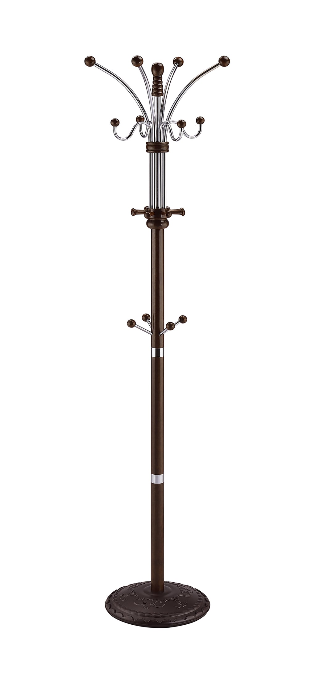 73' Tall Chrome and Wood Coat Rack, Espresso finish