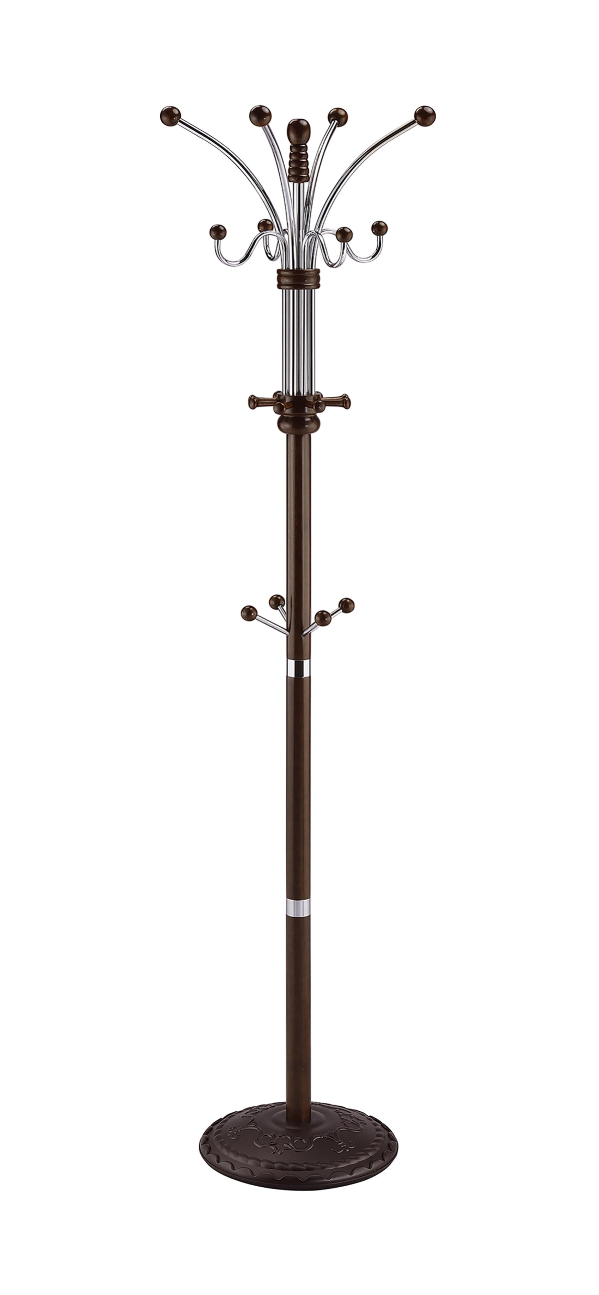 73' Tall Chrome and Wood Coat Rack, Espresso finish