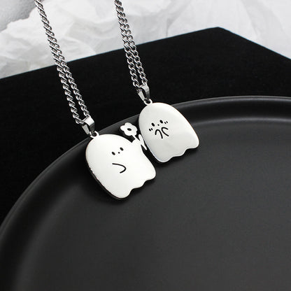 Stainless Steel Cute Ghost Couple Necklace Kawaii Animal Cat Pendant Necklace Lovers Friendship Jewelry Gifts