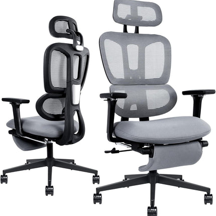 Ergonomic Office Chair with Footrest, High-back Computer Chair with Dynamic Lumbar Support, 2D Headrest & 4D Armrests, Sponge Cushion & Mesh Back, Home Office Chair for Adults, Grey.