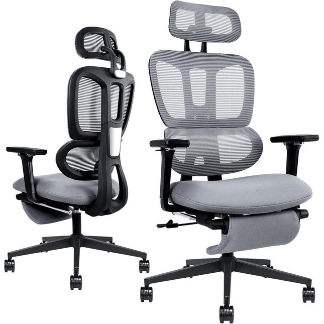 Ergonomic Office Chair with Footrest, High-back Computer Chair with Dynamic Lumbar Support, 2D Headrest & 4D Armrests, Sponge Cushion & Mesh Back, Home Office Chair for Adults, Grey.