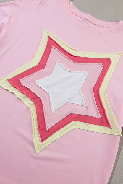 Light Pink Colorblock Star Patched Half Sleeve Oversized Tee - Eloy Royal