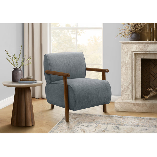 Accent Chair, 31'h, Upholstered, Living Room, Bedroom, Blue Fabric, Brown Walnut Solid Wood, Modern, Mid Century