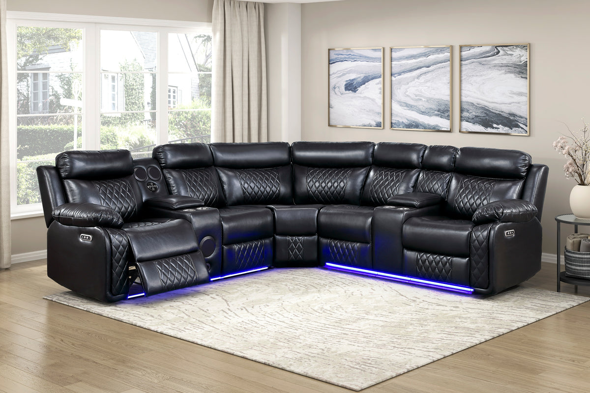 Luxurious Black 3-Piece Power Reclining Sectional with Two Consoles Speakers LED Lighting Charging Port Faux Leather Upholstered Living Room Furniture