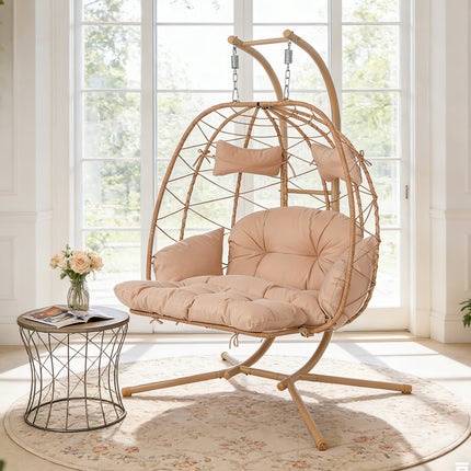 2 Person Hanging Egg Chair with Stand, Double Outdoor Wicker Swing Chair with Adjustable Footrest & Thickened Cushions for Patio Garden Balcony