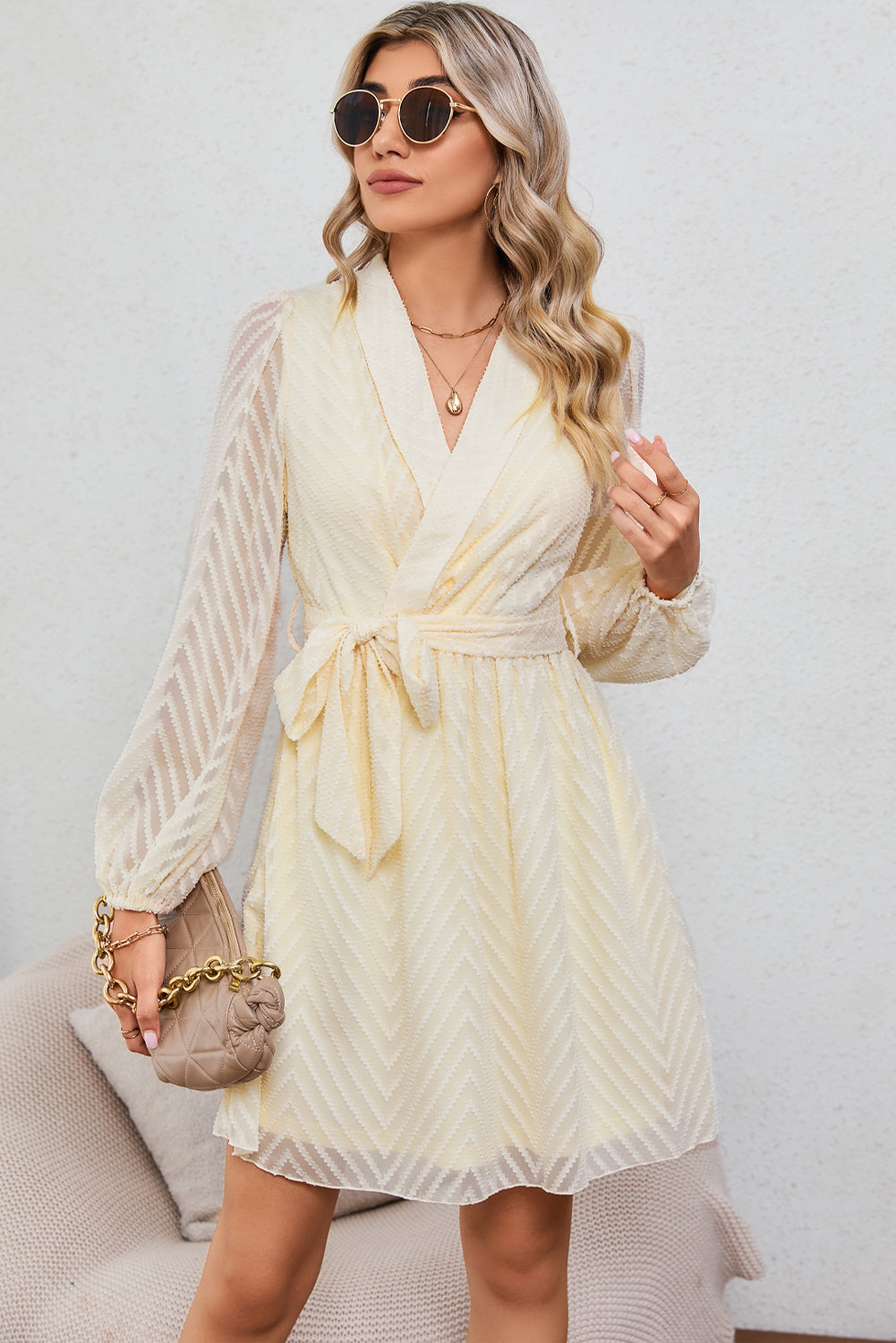 Wholesale Apricot Textured Wrap V Neck Waist Belted Long Sleeve Dress - Eloy Royal