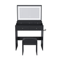 Modern Black Makeup Vanity Set with Power Outlet, Hair Dryer Holder, and Adjustable Lighting
