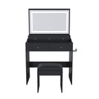 Modern Black Makeup Vanity Set with Power Outlet, Hair Dryer Holder, and Adjustable Lighting