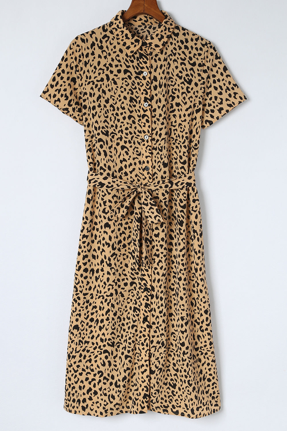 Khaki Leopard Print Waist Belted Button Up Shirt Dress - Eloy Royal