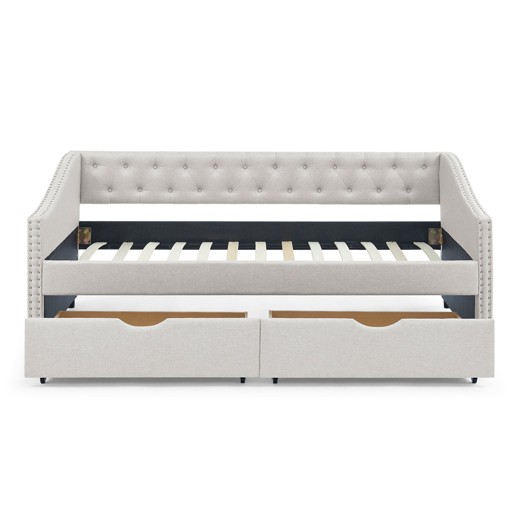 Mid-Century Twin Size Daybed with Drawers, Button Tufted Back and Copper Nail Trimmed Waved Arms, Beige Linen Upholstery, 81.5''x41''x30.5''