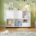 Rolling Toy Storage Cabinet on Wheels - White Iron Playroom Organizer with Open Cubbies and Closed Cabinets, Sturdy Metal Storage Furniture for Bedroom & Home
