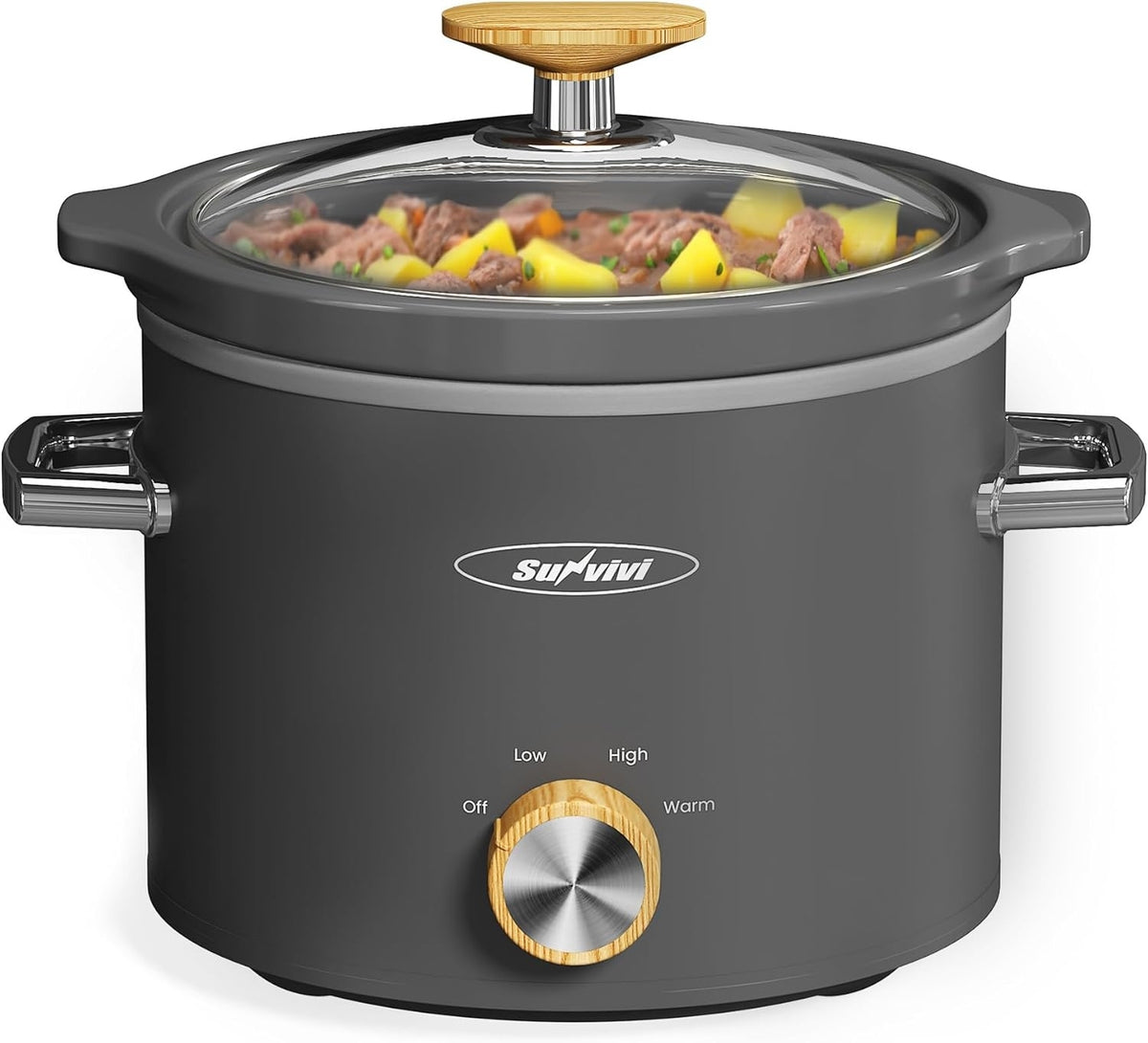 Small Slow Cooker with Removable Ceramic Pot, Food Warmer with 3 Heating Settings & Dishwasher Safe Glass Lid, Grey