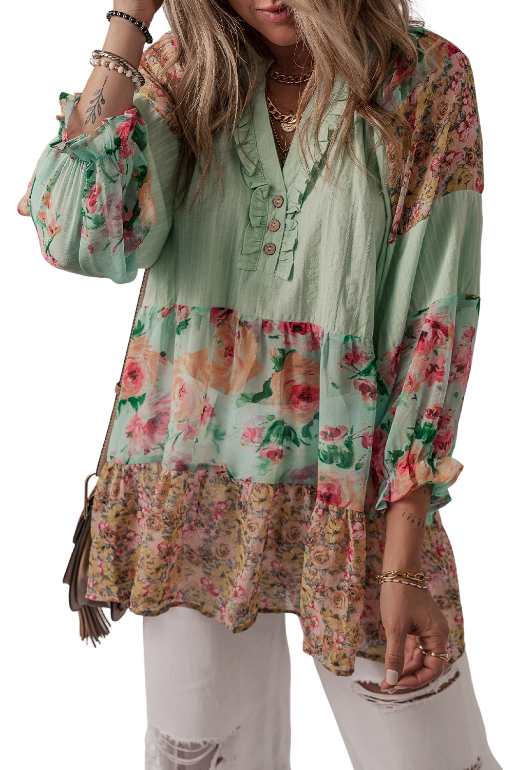 Green Floral Patchwork Frilled Split Neck Blouse - Eloy Royal