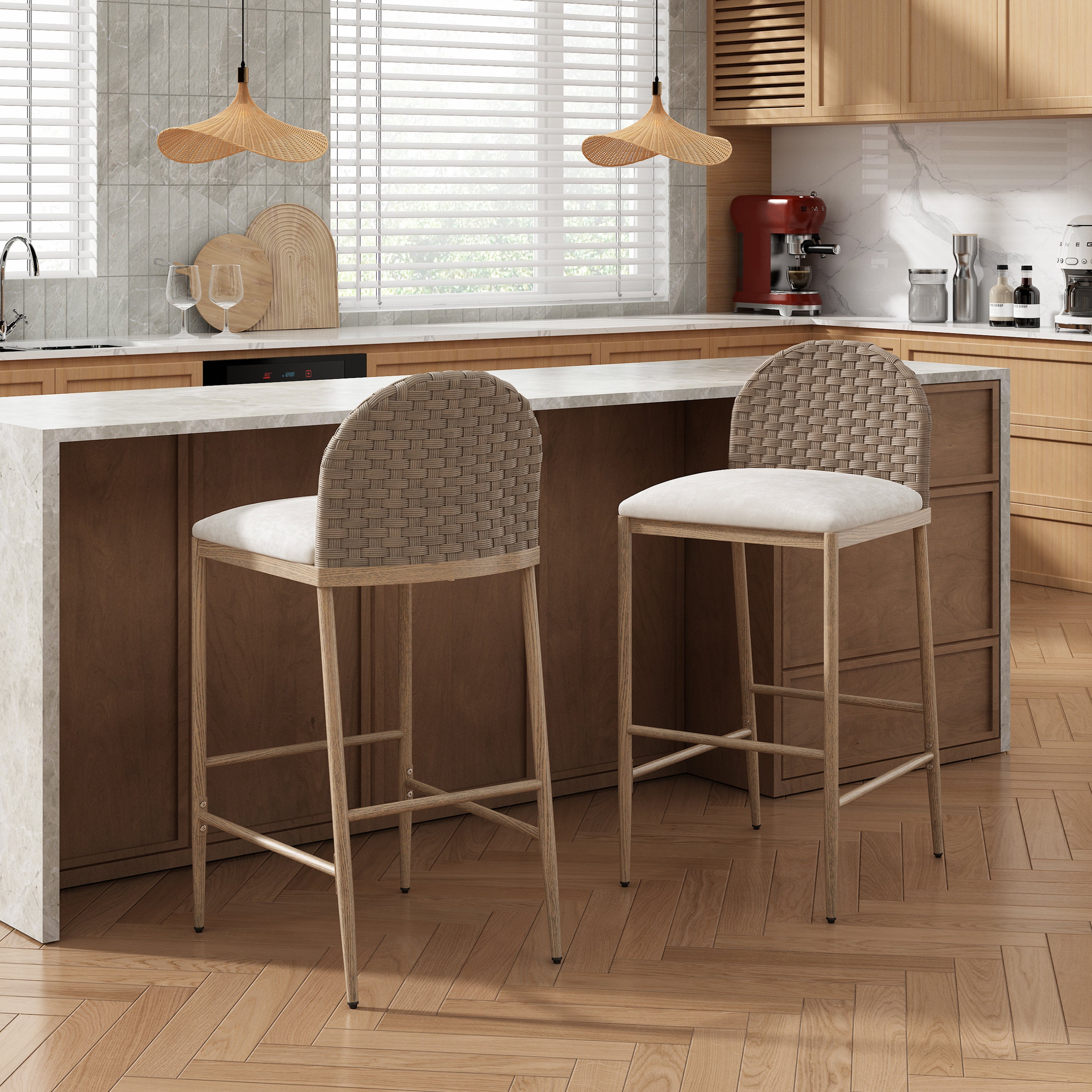 29.5' Farmhouse Barstools Set of 2,Upholstered  Armless Iron Counter Stools with rattan Backrest for Kitchen Dining Island Table,Brown+Beige