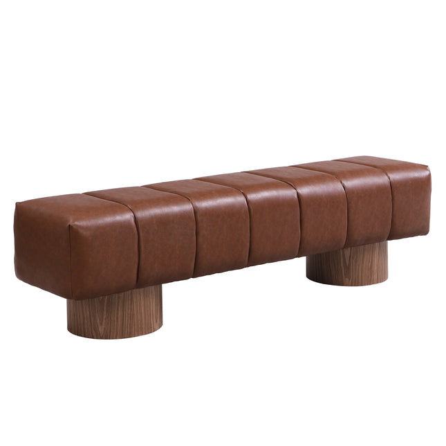 Upholstered Dining Bench for Dining Room, No-Assembly End of Bed Entryway Bench Ottoman for Bedroom Living Room, Brown PU Stool Top Wood Leg 300 LBS Weight Capacity