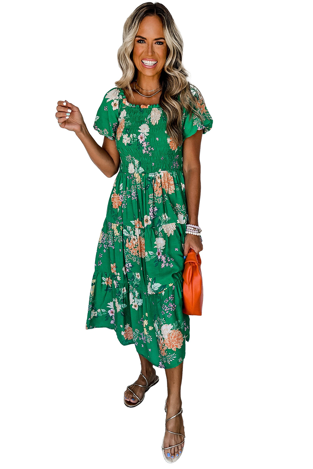 Green Floral Print Bubble Sleeve Smocked Tiered Midi Dress - Eloy Royal