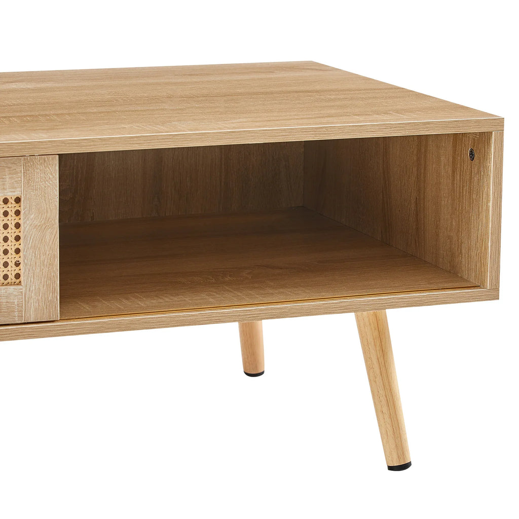 41.34' Rattan Coffee Table, Sliding Door for Storage, Solid Wood Legs, Modern Table for Living Room-Natural - Eloy Royal