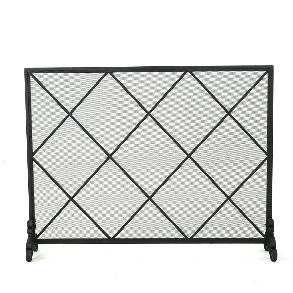 Minimalist Single Panel Iron Fireplace Screen with Diamond Design in Black
