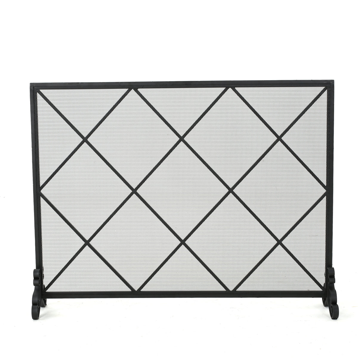 Minimalist Single Panel Iron Fireplace Screen with Diamond Design in Black