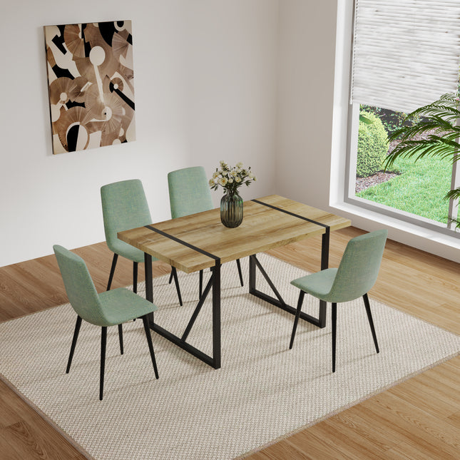 55' MDF Wood Colour Dining Table and Modern Dining Chair Set of 4, Mid Century Wooden Kitchen Table Set, Metal Base & Legs, Dining Room Table and Linen Chairs