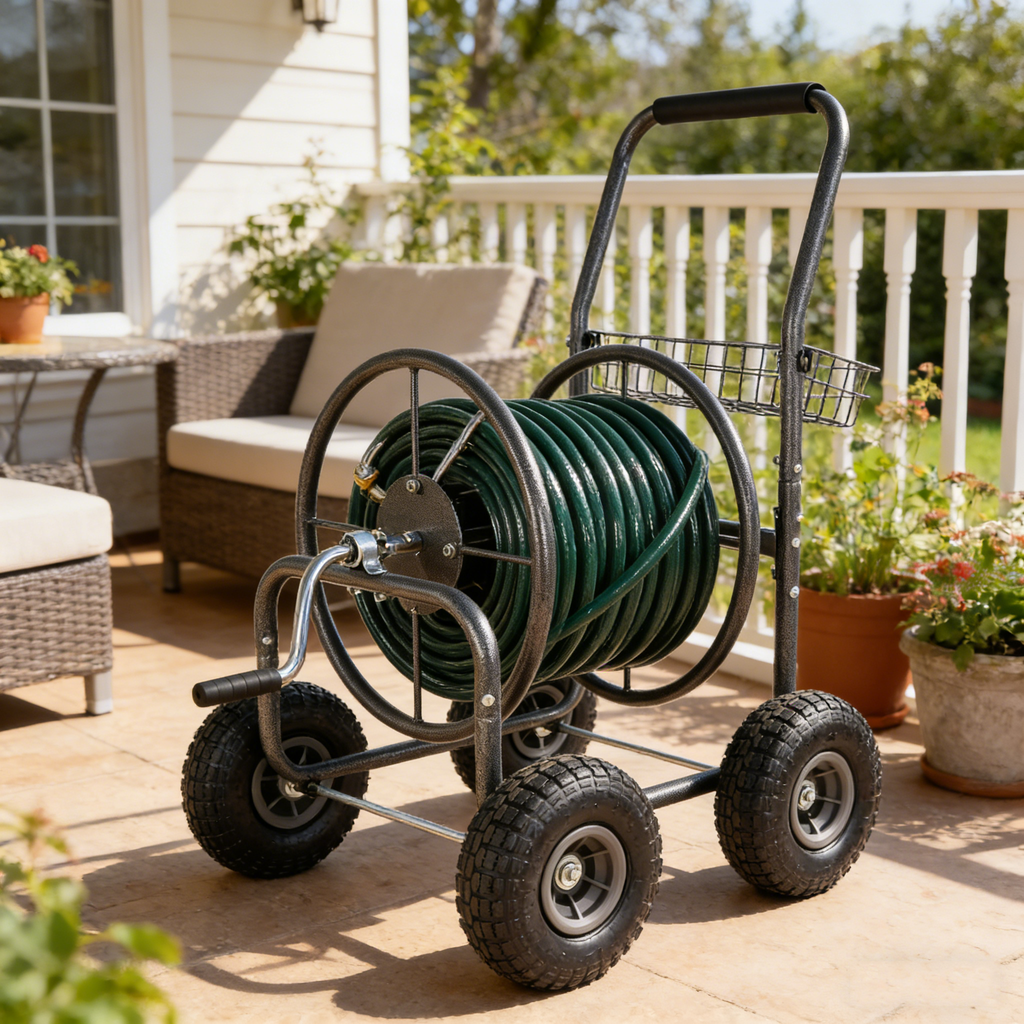 Garden Hose Reel Cart - 4 Wheels Portable Garden Hose Reel Cart with Storage Basket Rust Resistant Heavy Duty Water Hose Holder