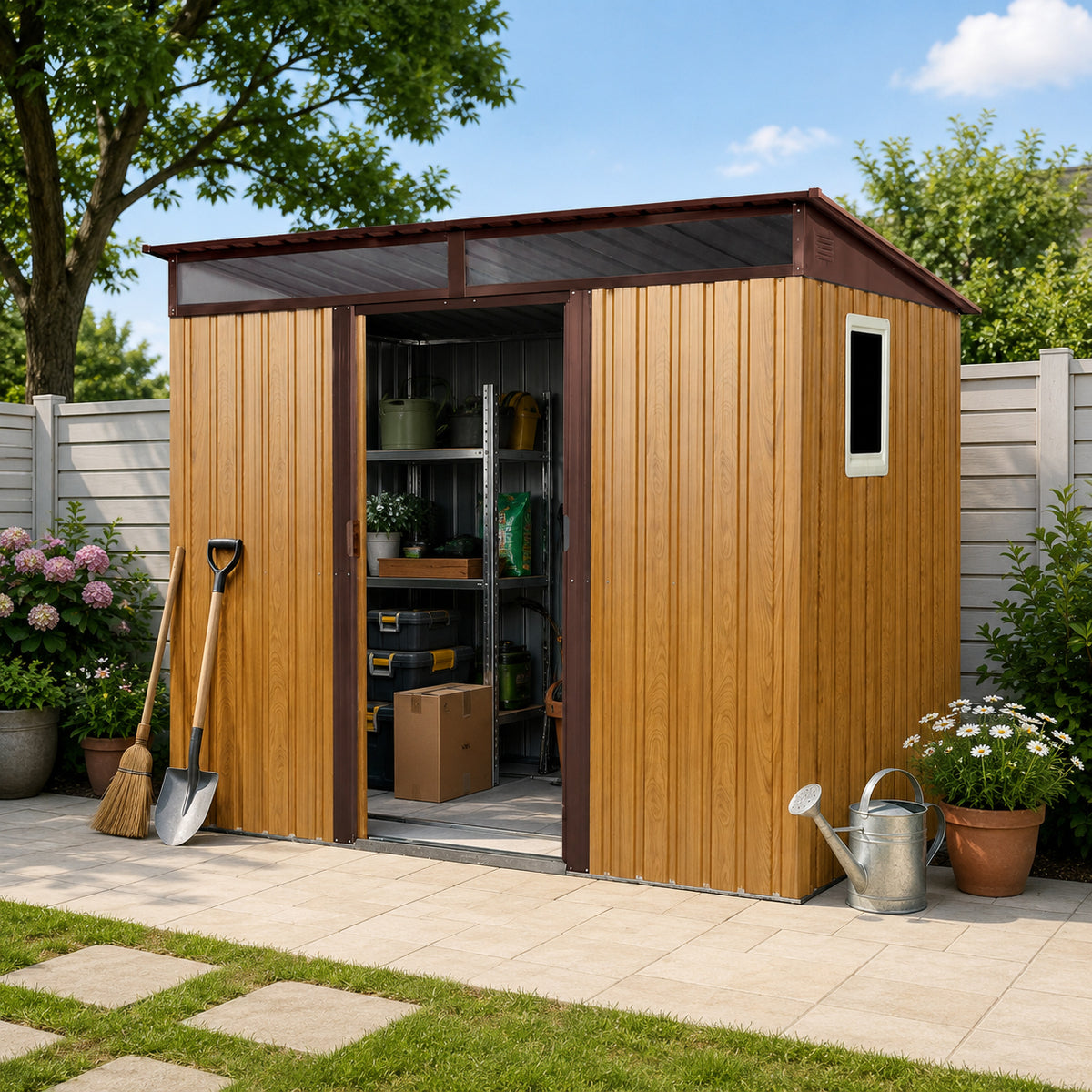 8 ft x 6 ft Outdoor Metal Storage Shed with Window and Transparent plate for Garden, Lawn  (Coffee)( W540P185325)