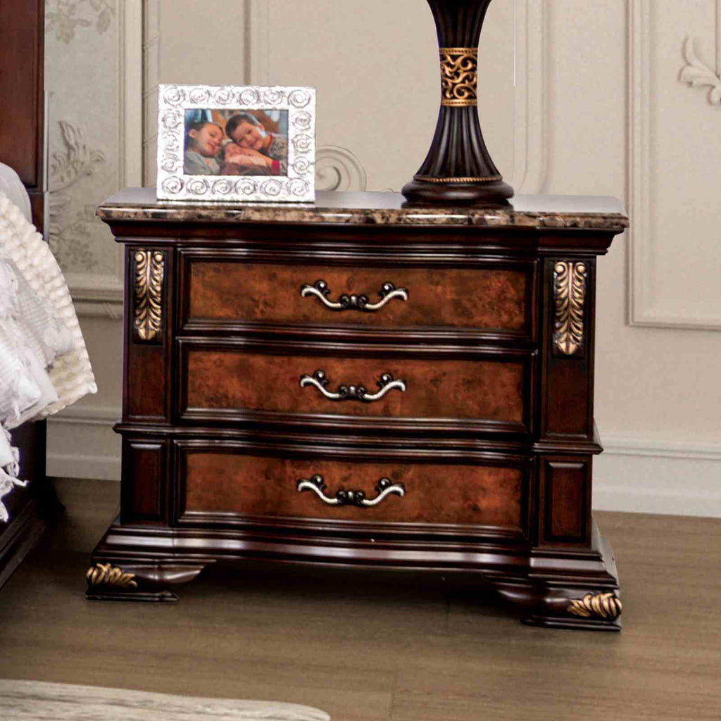 Traditional Style 1pc Nightstand Sintered Stone Top USB Port Gold Carved Details English Dovetail Drawers Dark Cherry And Oak Finish Bedroom Furniture