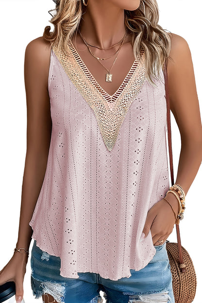 White Lace Crochet Splicing Eyelet V Neck Tank Top - Eloy Royal