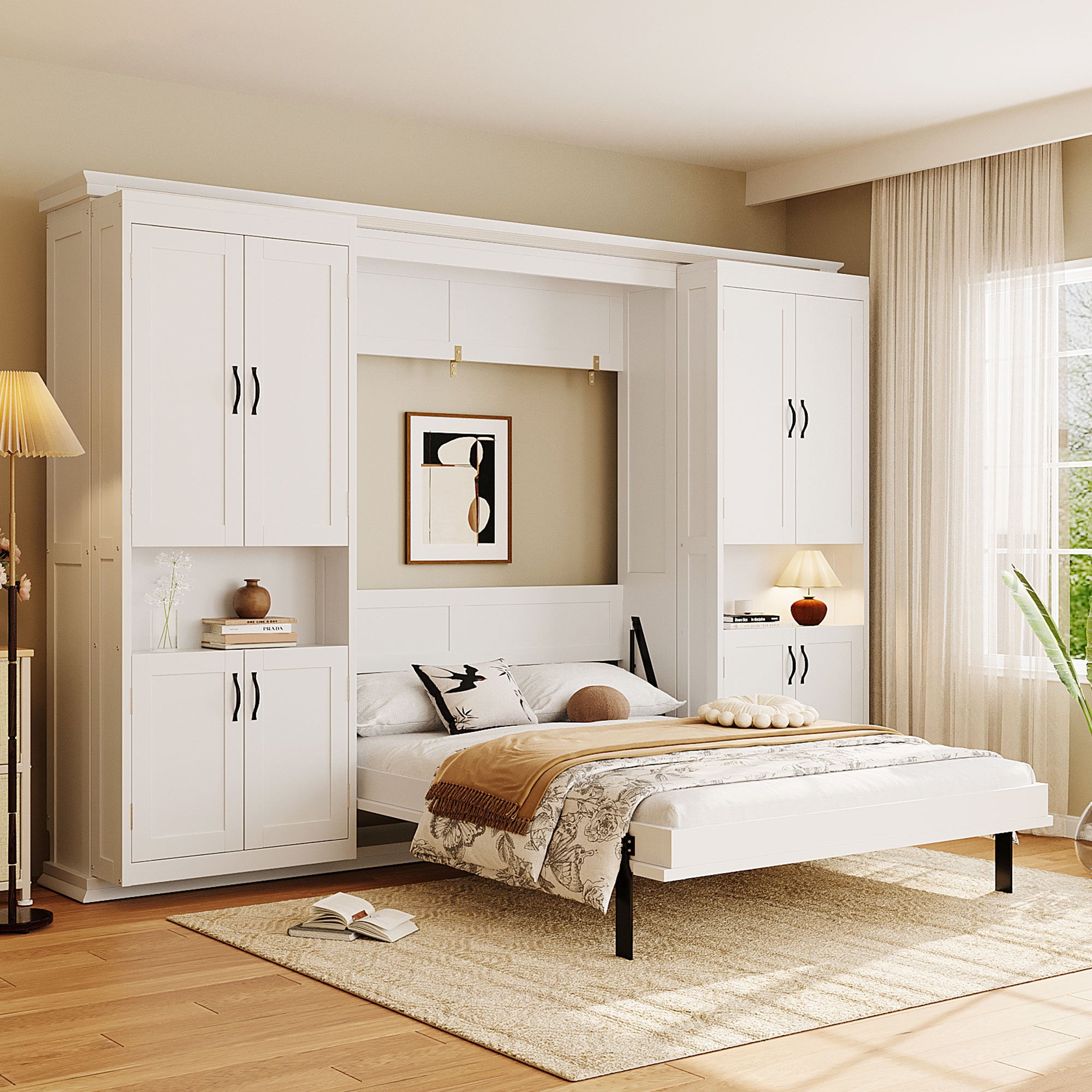 Queen Murphy Bed with Dual Sliding Storage Cabinets, Hidden Wall Bed Design, Dual 6-Tier Side Shelves, Large-Capacity Space-Saving Wall Bed System for Modern Homes & Multifunctional Rooms-White
