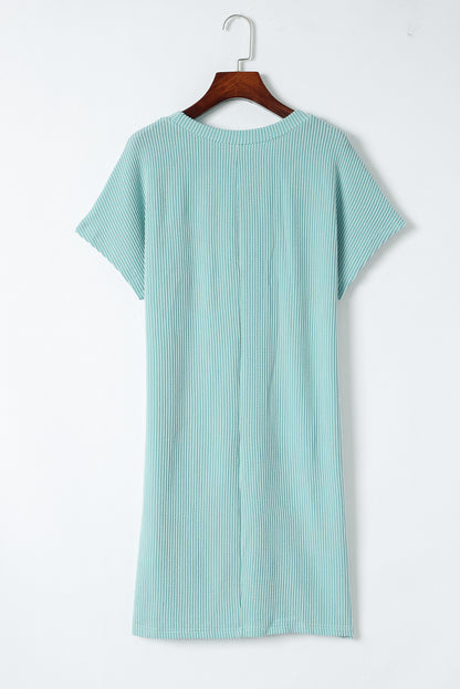 Blue Ribbed Chest Pocket Casual T Shirt Dress - Eloy Royal