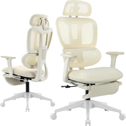 Ergonomic Office Chair with Footrest, High-back Computer Chair with Dynamic Lumbar Support, 2D Headrest & 4D Armrests, Sponge Cushion & Mesh Back, Home Office Chair for Adults, Cream.