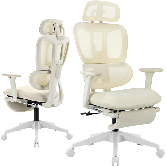 Ergonomic Office Chair with Footrest, High-back Computer Chair with Dynamic Lumbar Support, 2D Headrest & 4D Armrests, Sponge Cushion & Mesh Back, Home Office Chair for Adults, Cream.
