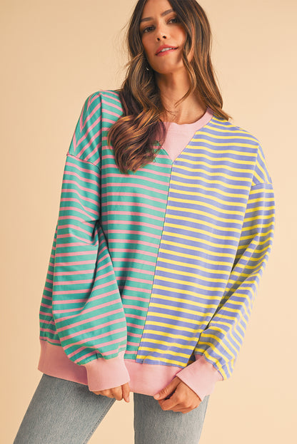 Brown Stripe Colorblock Drop Shoulder Oversize Sweatshirt