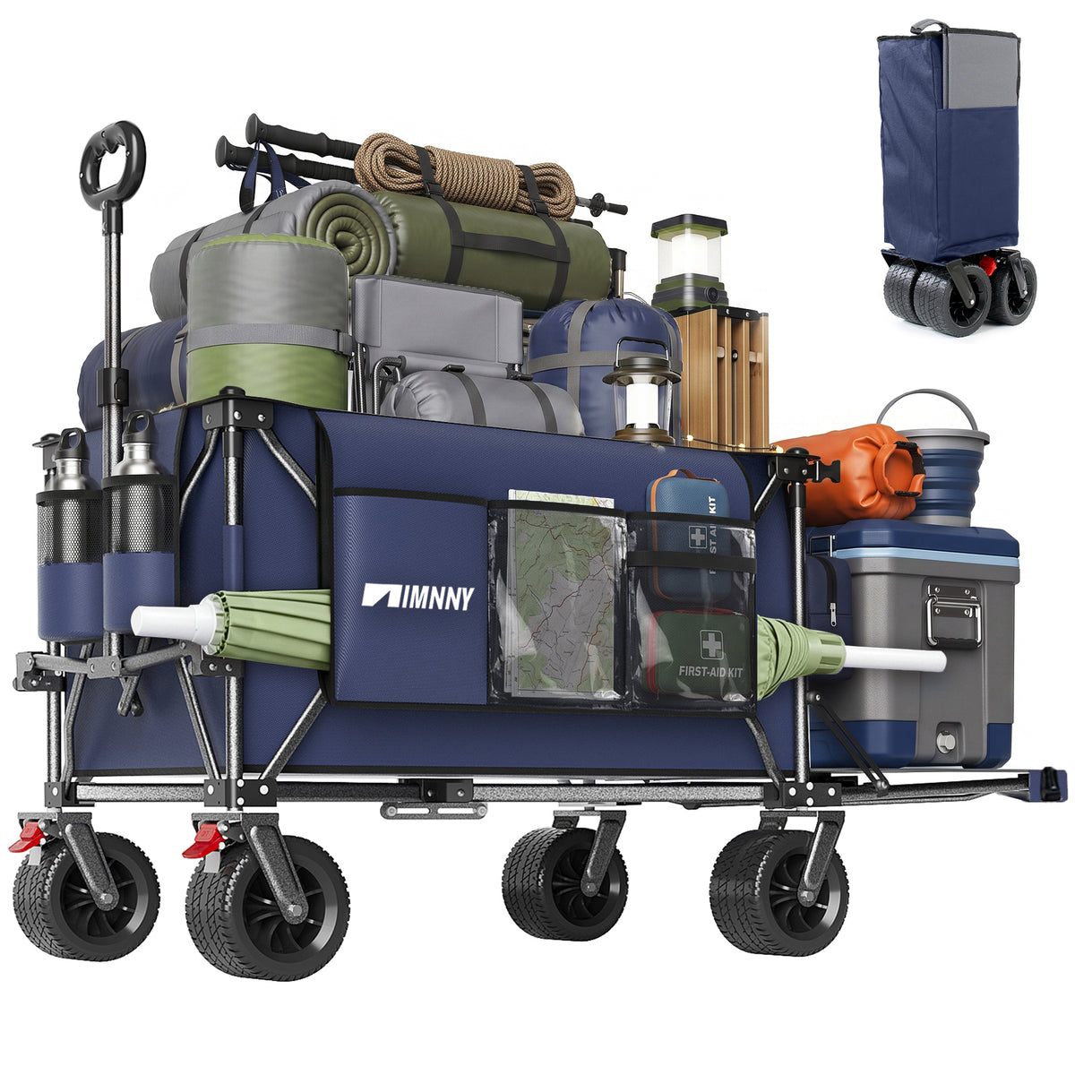 300L Beach Wagon with 58' Expandable Tailgate, 500lbs Heavy Duty Beach Cart with 7' All-Terrain Wheels, Collapsible Folding Wagon with Side Pocket for Outdoor, Dark Blue