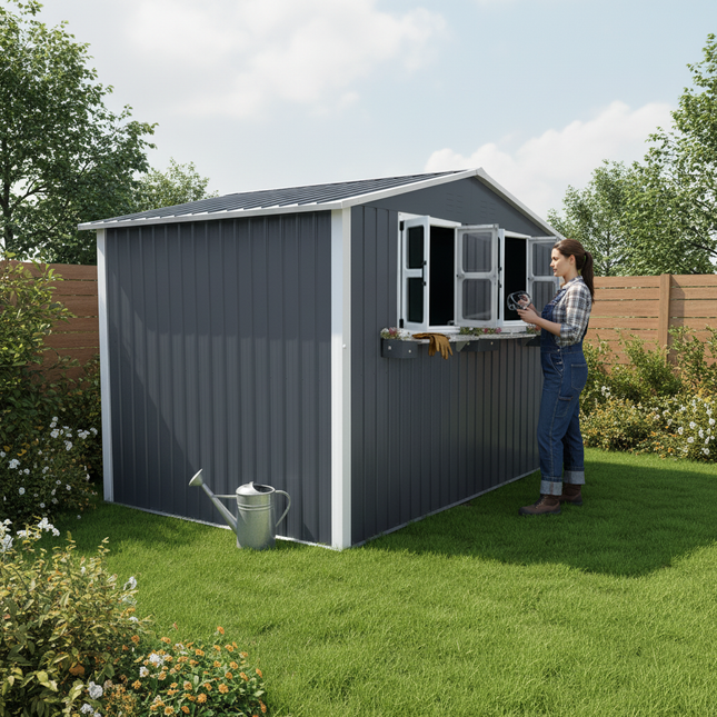 6x9 FT Outdoor Metal Storage Shed with Window & Flower Rack, Lockable Double Doors Tool Shed, Waterproof Weatherproof Garden Shed for Backyard Patio,  Coal Gray