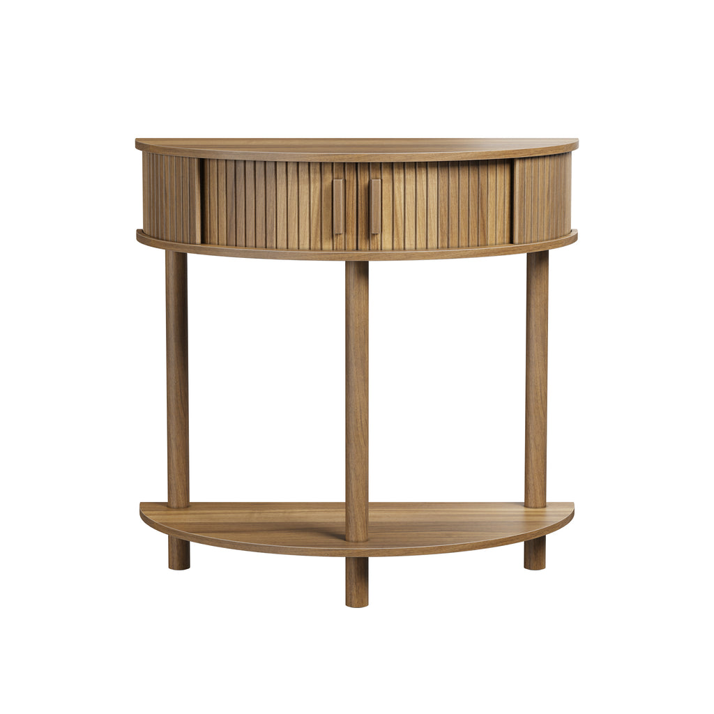 Modern Half-Moon Console Table in Walnut, 31.5-Inch Farmhouse Sofa Table with Grooved Design, MDF Top and Solid Wood Legs for Living Room, Entryway, Hallway or Foyer