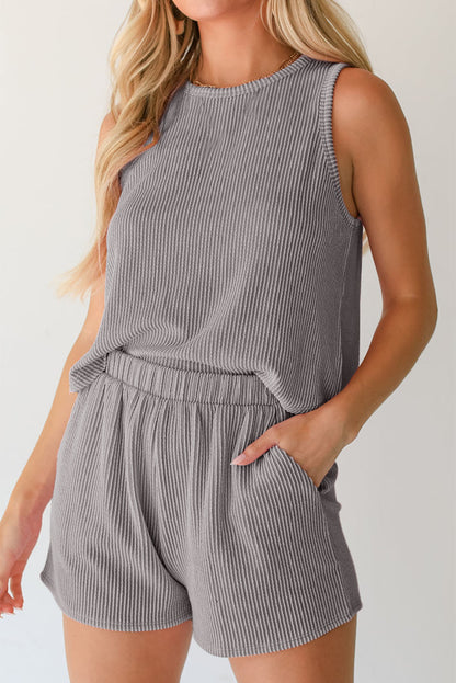 Smoke Gray Corded Tank Top and Pocketed Shorts Set - Eloy Royal