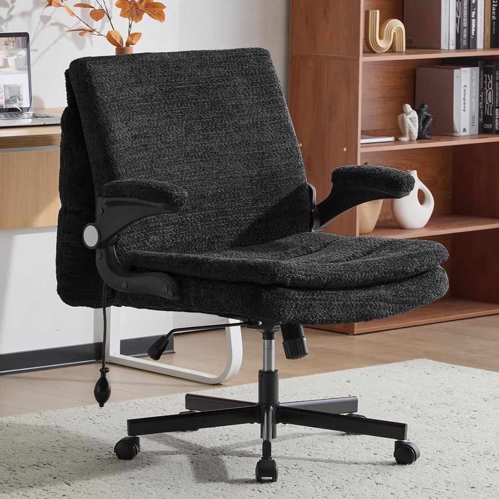 Criss Cross Legged Office Chair with Flip-Up Back Built-In Dynamic Airbag Lumbar Support, Wide Seat Desk Chair with Flip-Up Arms and Wheels, Modern Cross-Leg Chair for Home Office, Vanity, Black.