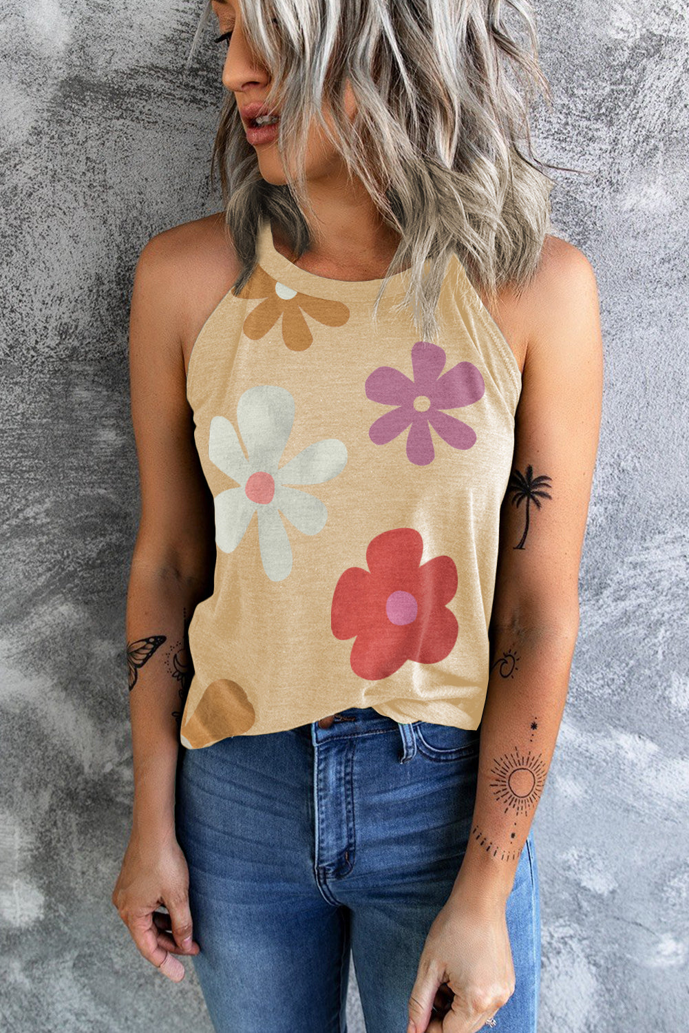 Khaki Flower Print O Neck Summer Tank Top - Eloy Royal