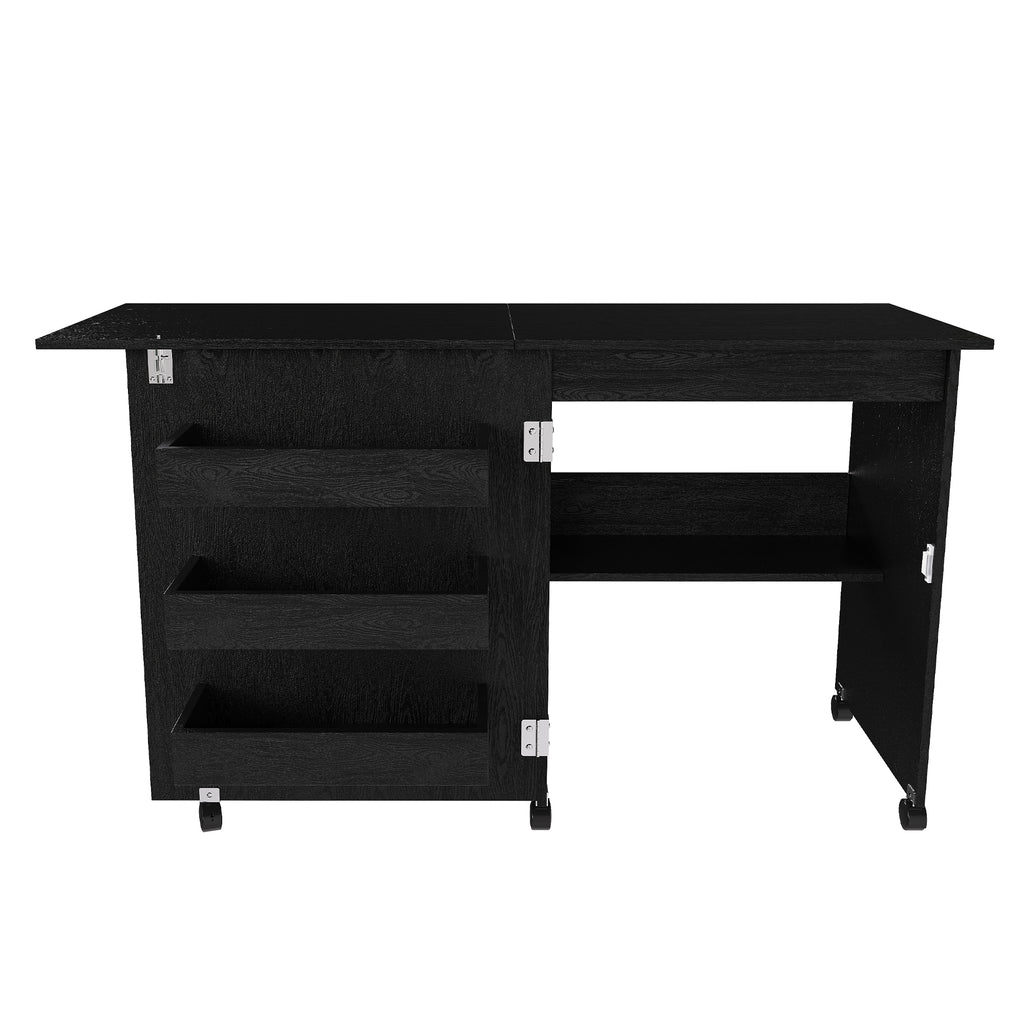 Black 45.67'' 4-in-1 Folding Sewing Table with Lockable Wheels – Multi-Functional Craft Station, End Table, Computer Desk & Kitchen Storage with Shelves, Rolling Sewing Machine Table for Apartments