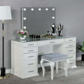 Glam Style 1pc Vanity w/ Padded Stool Set 8mm Glass Top Storage Drawers LED On Mirror Luminous White Finish Bedroom Furniture
