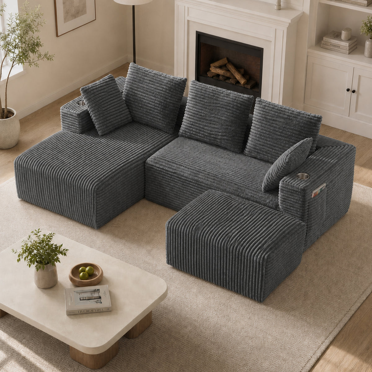 95''modular combination sofa with L-shaped lounge chair, Four seater boneless design with footrest