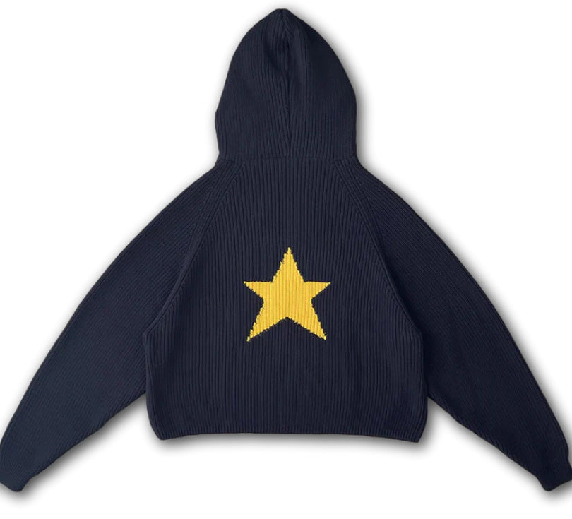 Female Star Sunken Stripe Men's Knitted Long-sleeved Hooded Sweater