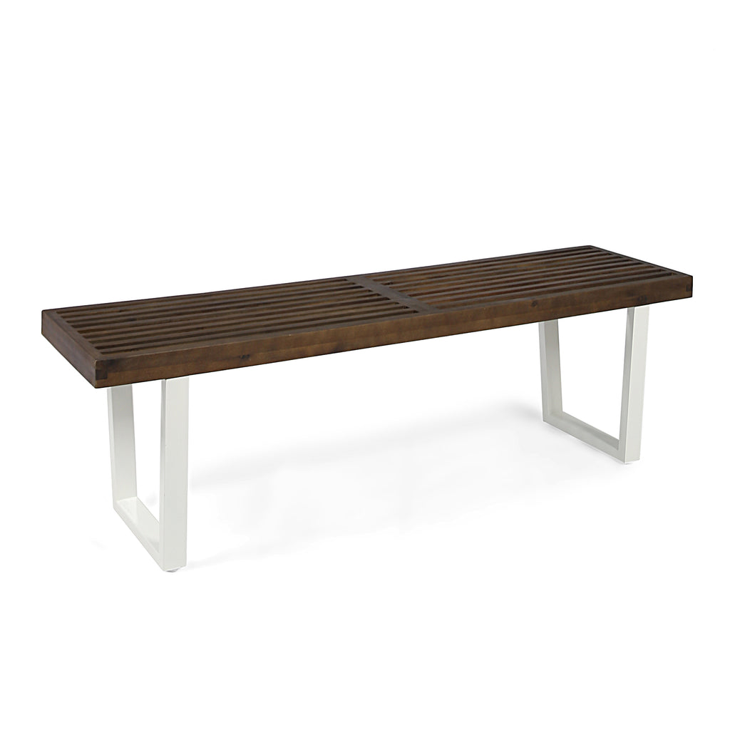 Intrinsic Outdoor Dining Bench with Iron Legs and Slat Top, Dark Brown and White