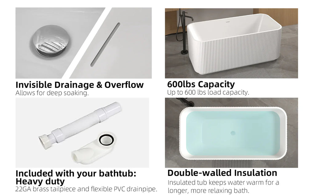 59'Rectangle Linear Acrylic Freestanding Bathtub Stand Alone Soaker Tub, Glossy White Acrylic, POP-UP Chrome Drain, cUPC Certified, - Eloy Royal