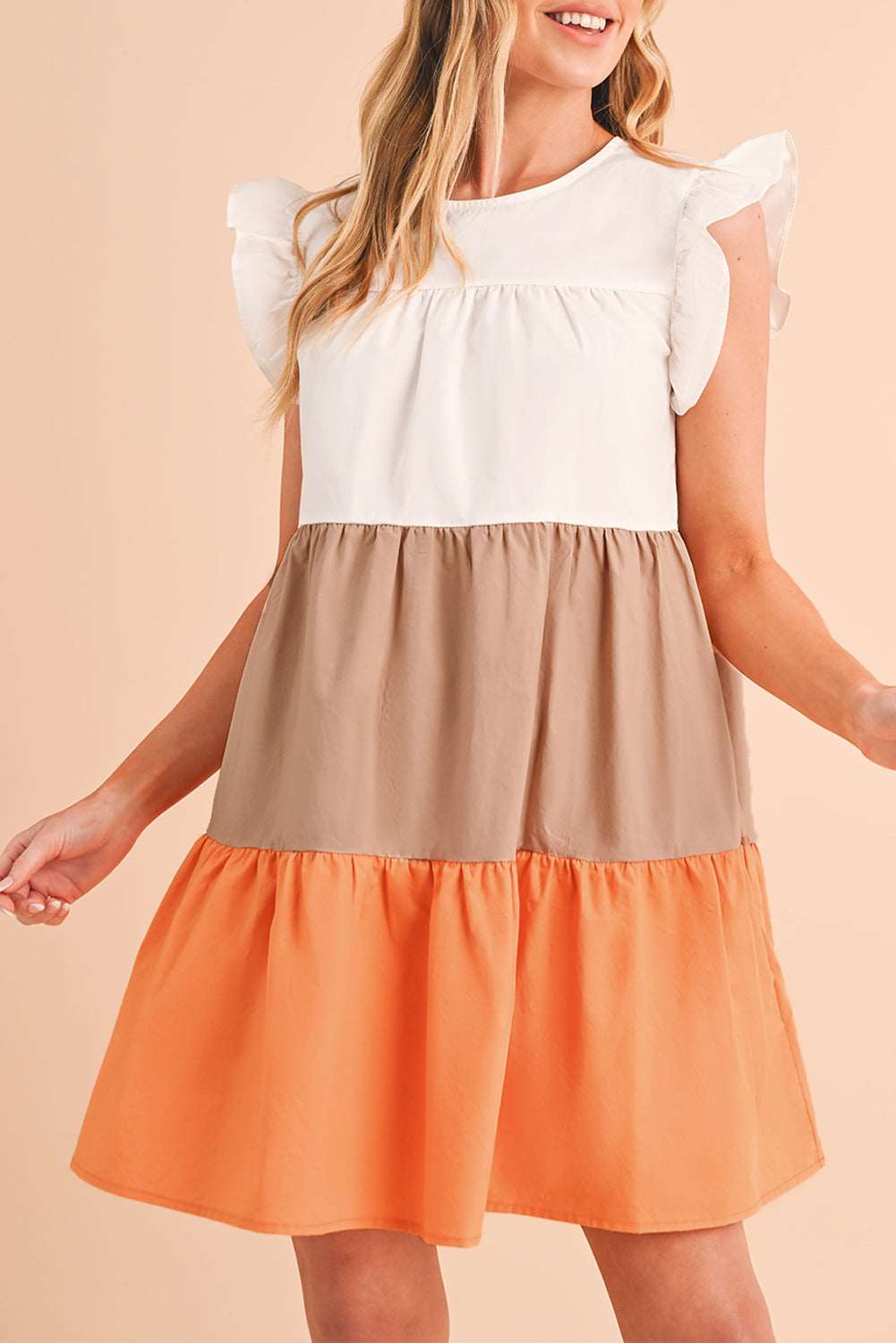 Apricot Ruffle Color Block Tiered Mini Dress