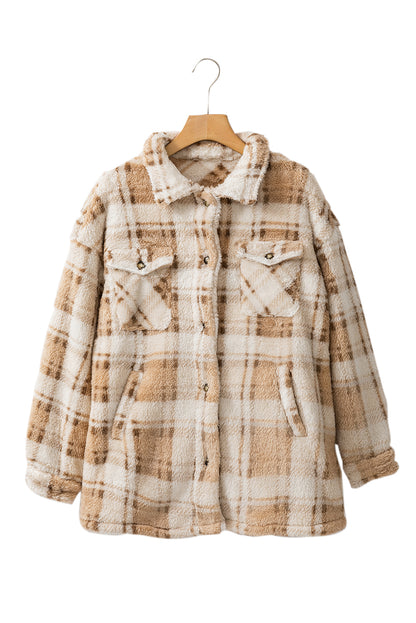 Khaki Sherpa Plaid Button Pocketed Jacket - Eloy Royal