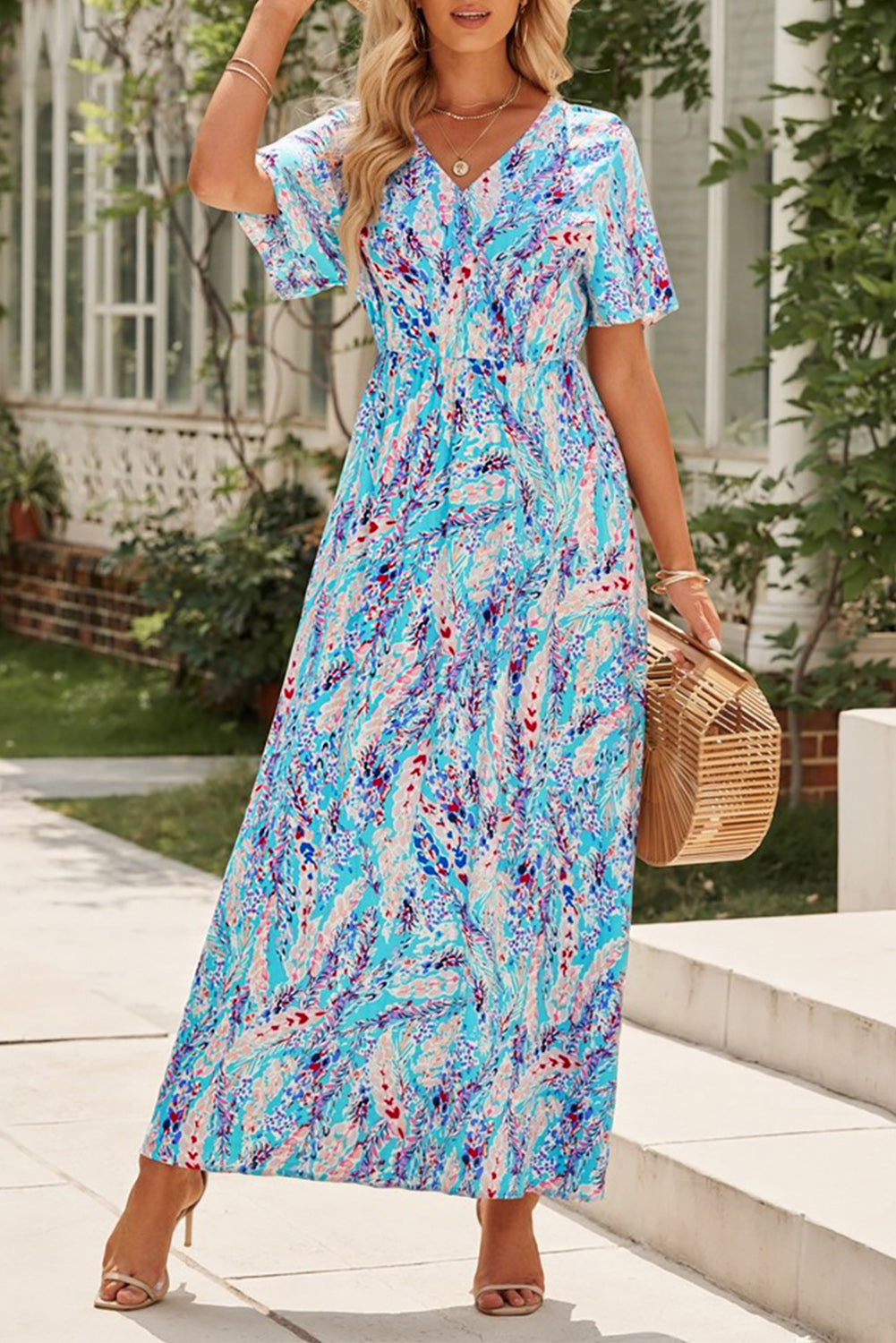 Wholesale Rose Boho Abstract Print V Neck Short Sleeve Maxi Wrap Dress - Eloy Royal