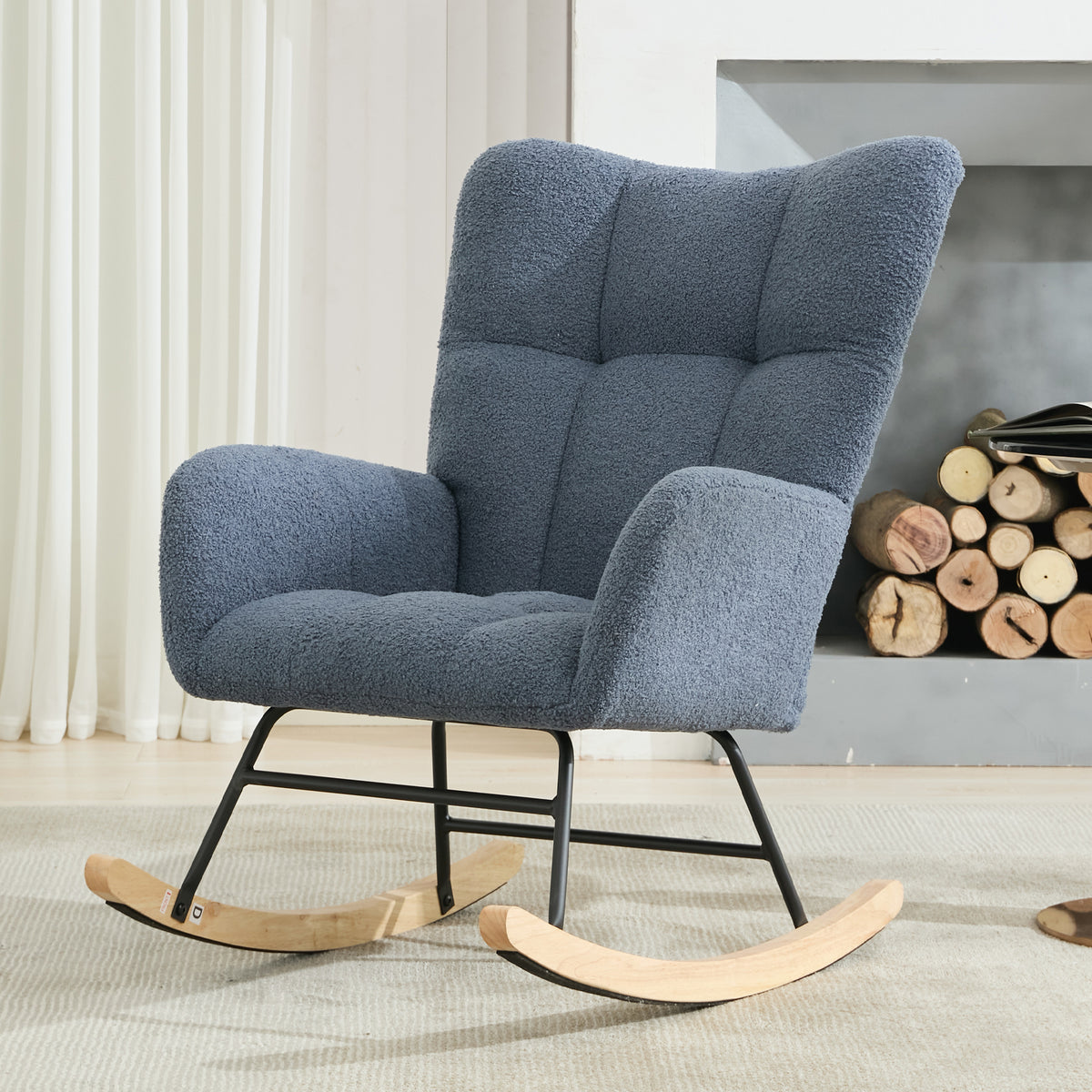 Teddy Fabric Wingback Glider Rocker with Side Storage Pocket, Soft Comfy Nursing Rocking Chair, Sturdy Safe Solid Wood Base, Multiuse Accent Chair for Nursery & Living Room,Navy.